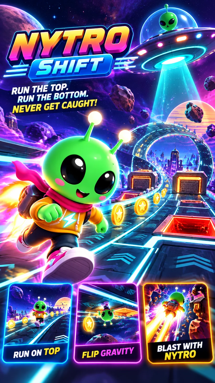 NYTRO SHIFT promotional artwork featuring ZIPP and the UFO chase